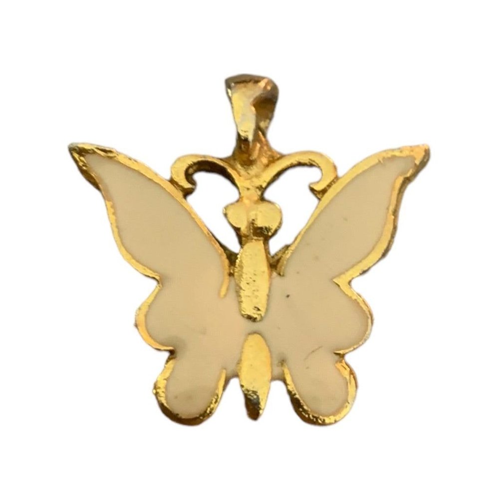 Vintage Goldtone Butterfly Pendant Ivory Enameled Small 1"